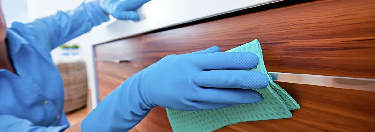 Cleaner wearing blue gloves wiping a wooden cabinet drawer with a microfiber cloth for dust and grime removal, Providence, RI.