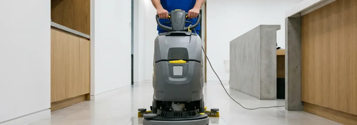 Janitorial staff using a floor scrubber machine to clean a commercial hallway, Providence, RI.