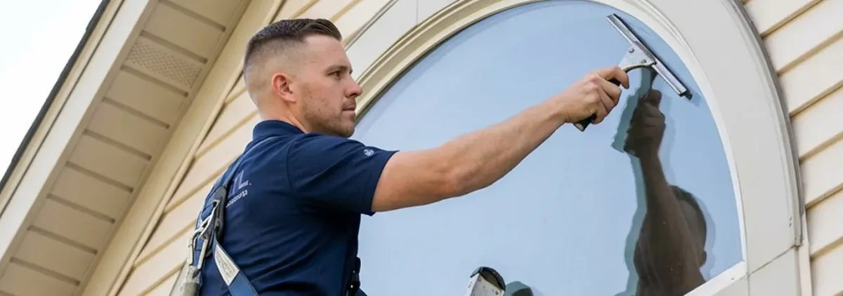 Professional window cleaner using a squeegee to clean an exterior arched window on a home, Providence, RI.
