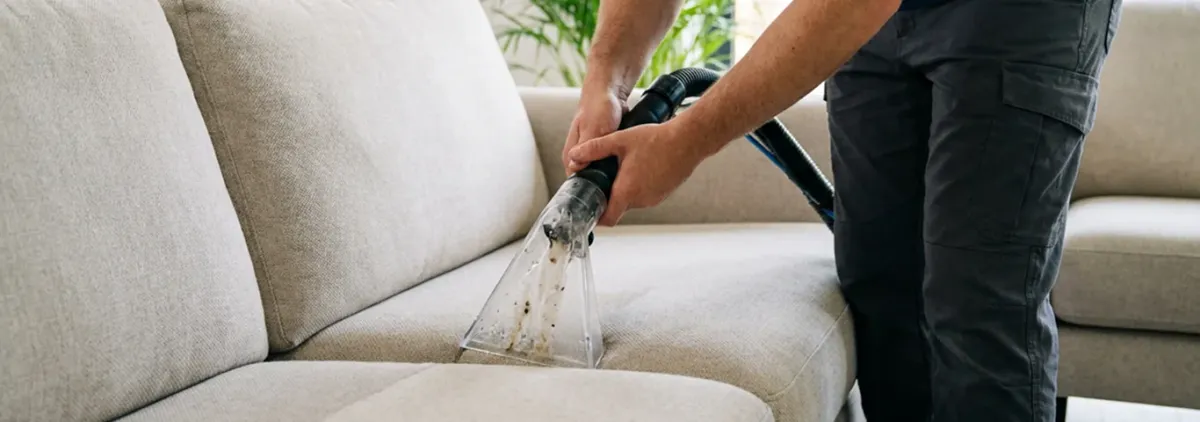 Technician extracting dirt and moisture from a fabric sofa with an upholstery cleaning wand, Providence, RI.
